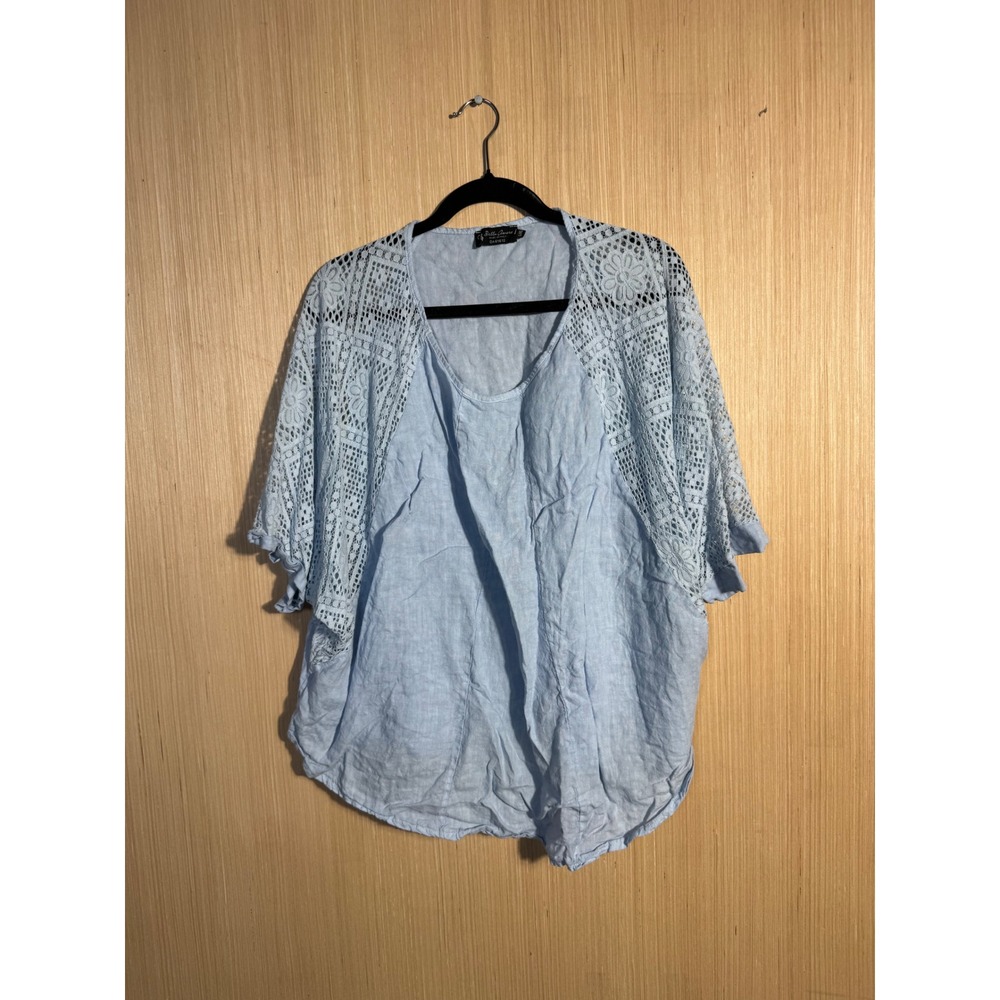 Bella Amore Italy Light Blue Linen Crochet Lace Batwing Top L/XL CA61612